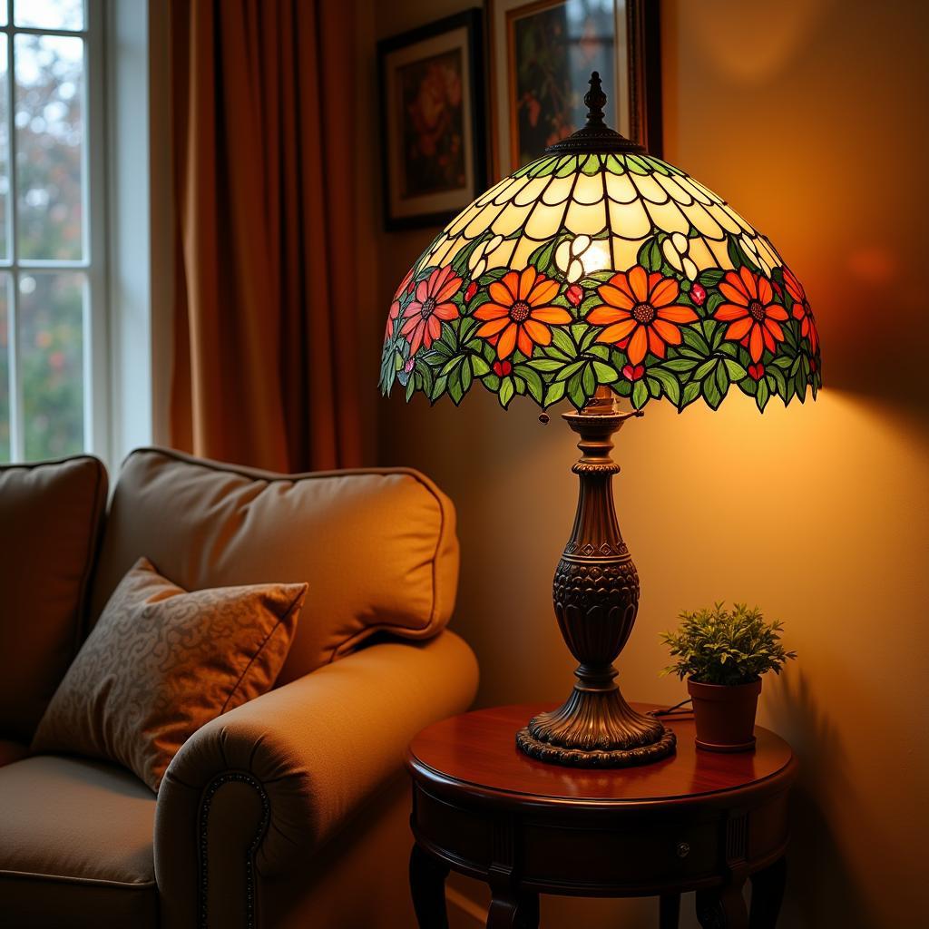 A living room illuminated by an Art Nouveau lamp