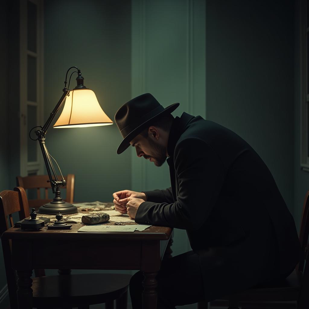 A detective meticulously analyzes evidence under a dim lamp, surrounded by files and photographs