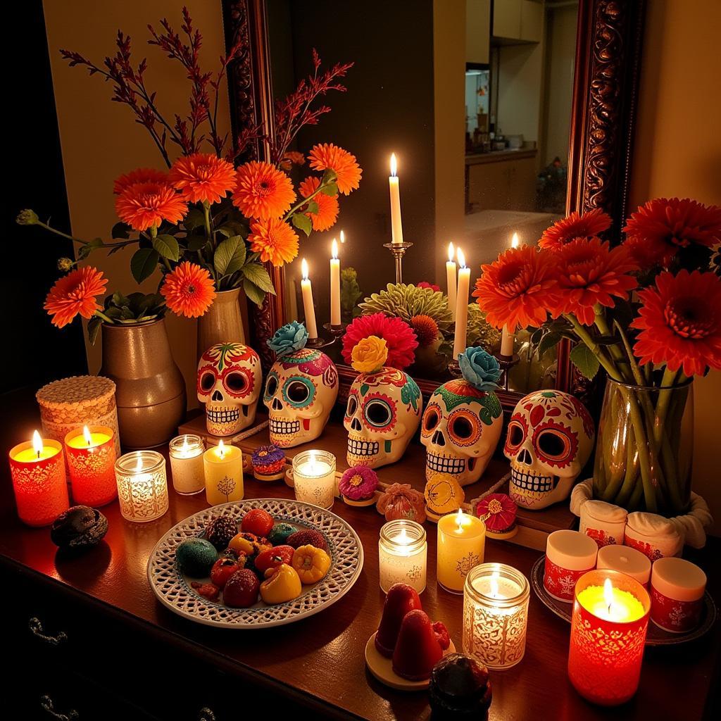 Dia de los Muertos Ofrenda with Sugar Skulls and Marigolds