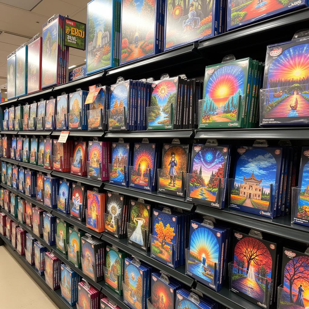 Diamond painting kits displayed in a craft store