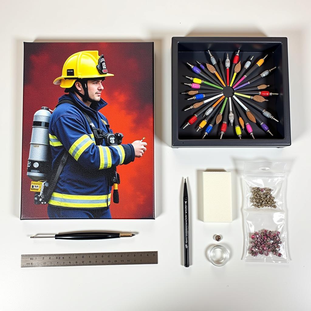 An array of diamond painting tools and accessories laid out on a table.