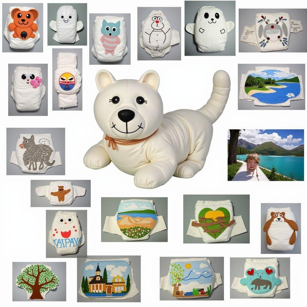 A collage of diaper art creations, featuring animals, landscapes, and abstract designs.