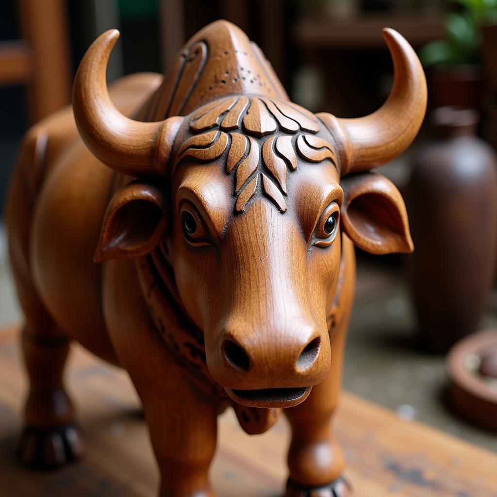 Wooden buffalo sculpture