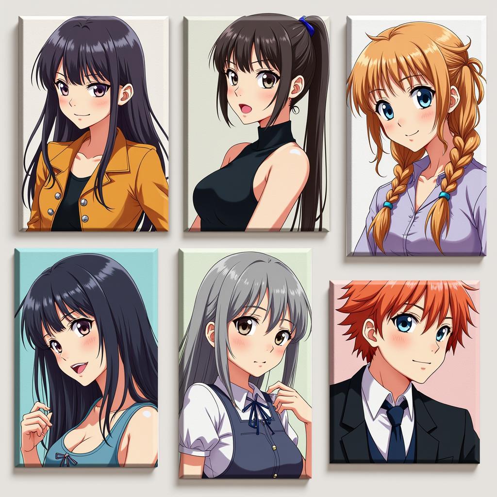 Collection of canvases showcasing diverse anime art styles.