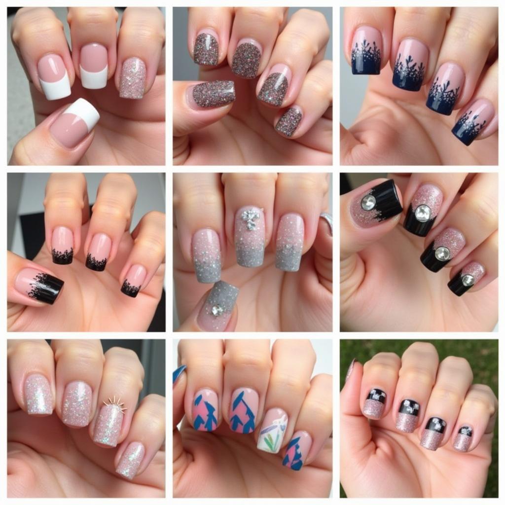 Variety of Nail Designs with Glitter and Rhinestones