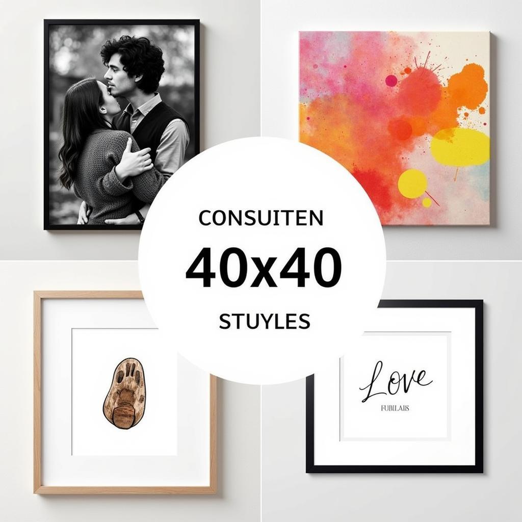 Collage showcasing various styles of 40x40 wall art including photography, abstract and typography prints