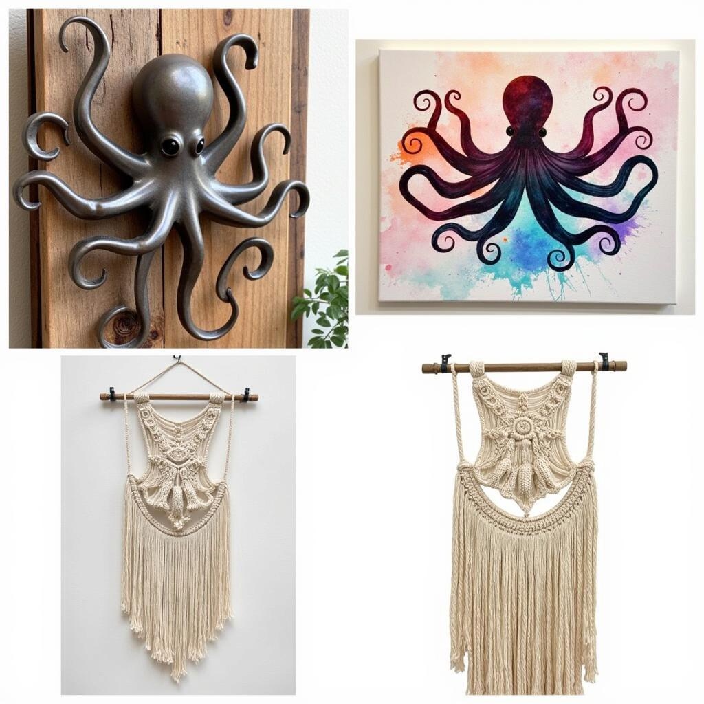 Various styles of octopus wall art: metal sculptures, canvas prints, macrame