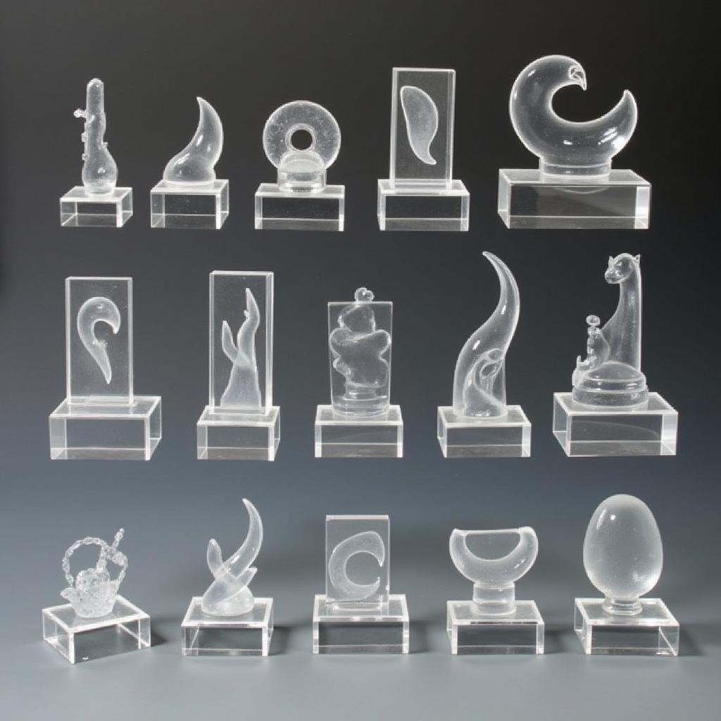 Various types of lucite stands for different art pieces 