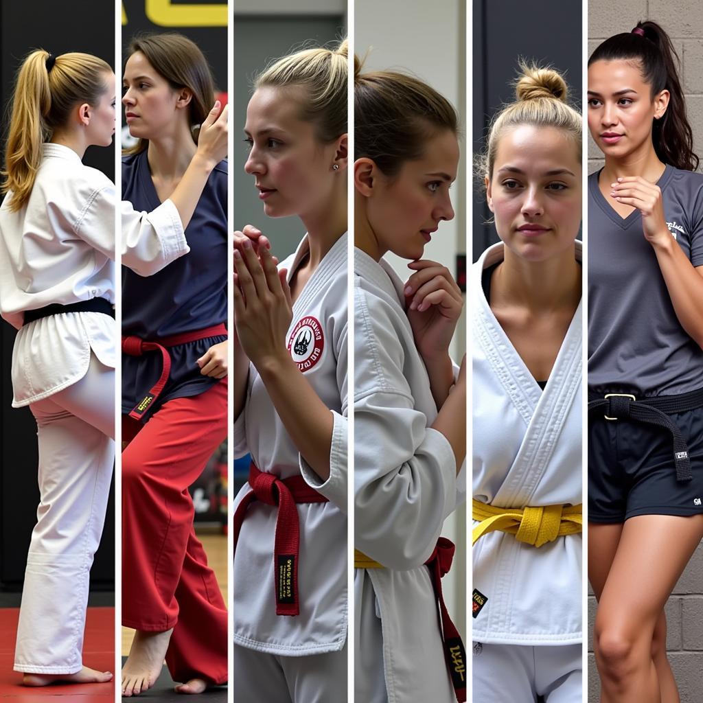 Women training in various martial arts disciplines like karate, judo, and kickboxing