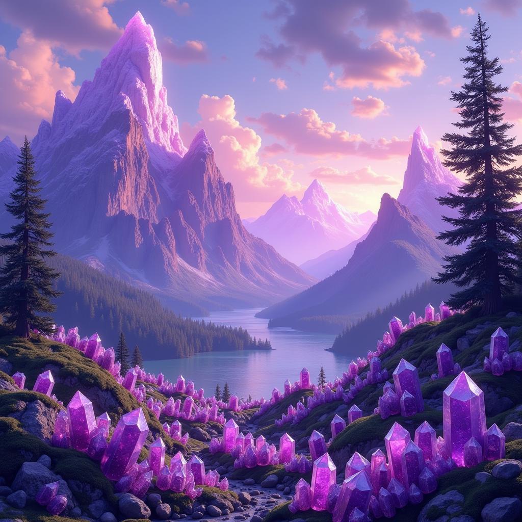 Digital Amethyst Art - Abstract Landscape with Amethyst Crystals - A digital artwork depicting a surreal landscape with amethyst crystals as the central element.