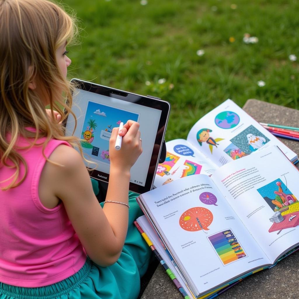 Teenager creating digital art on a tablet, using an art book as a reference.