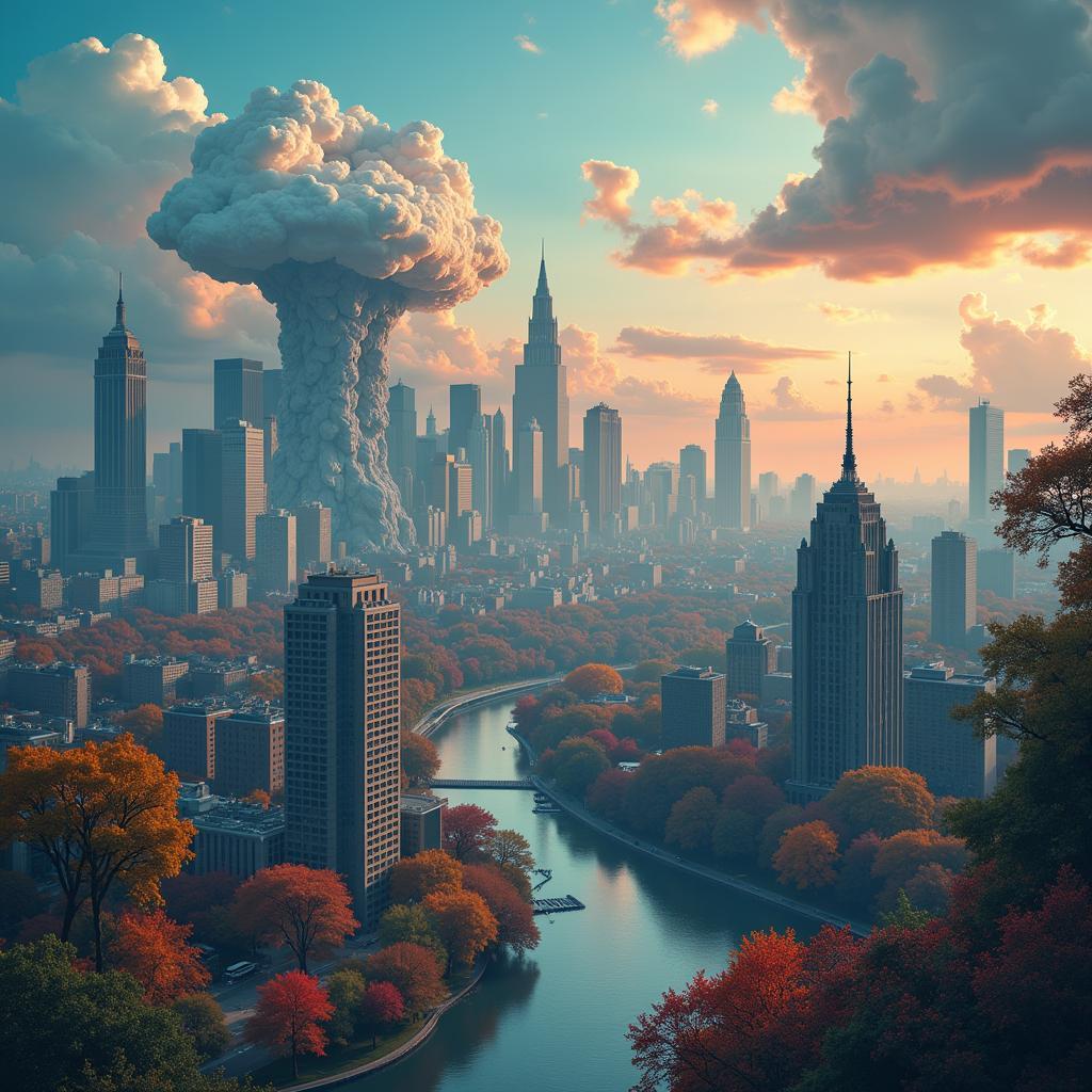 Digitally manipulated photograph transforming a cityscape into a surreal dreamscape