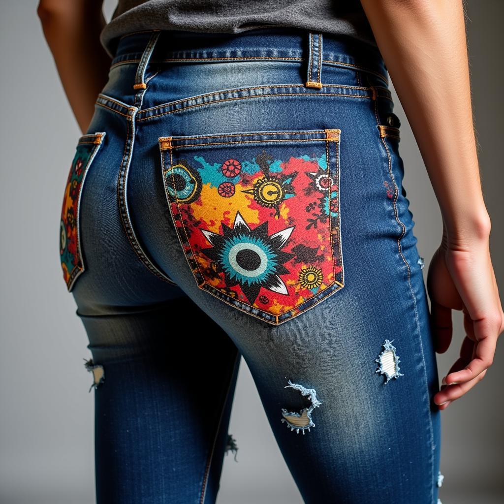 Digital Artwork Printed on Distressed Denim Jeans