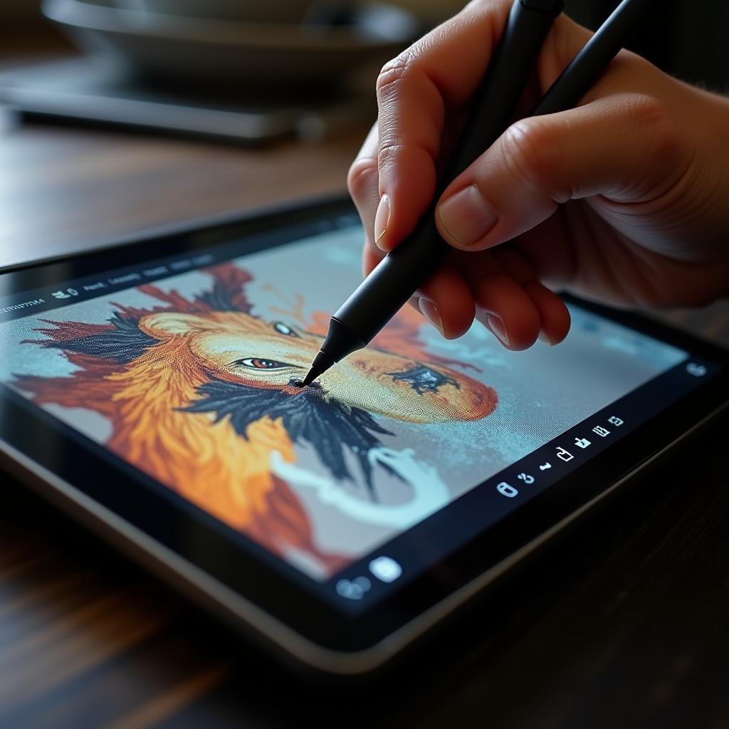 Digital artist working on a 16x16 inch art print using a digital tablet and stylus.