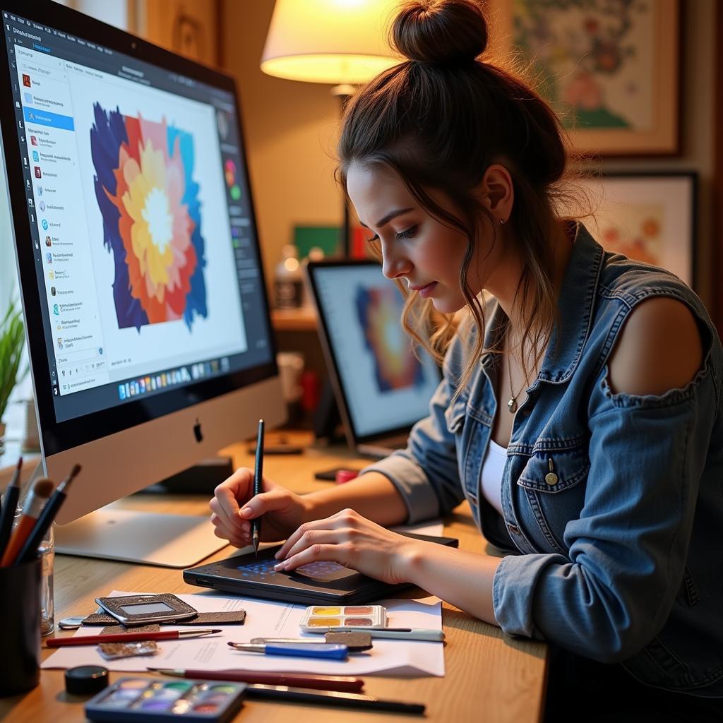 Digital Artist Using Traditional Media alongside a Digital Tablet