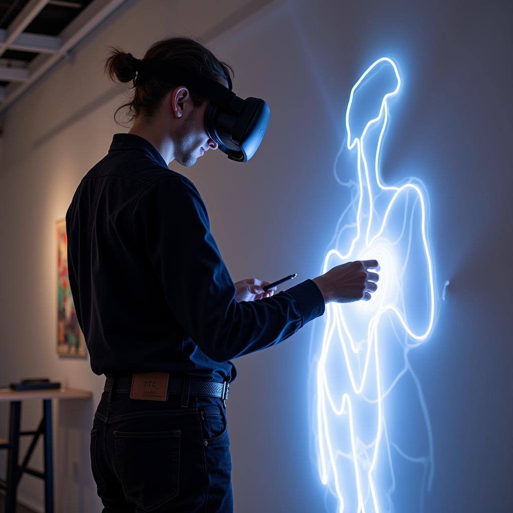 Digital artist crafting a 3D sculpture in virtual reality