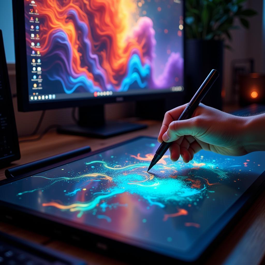 Digital artist engrossed in creating vibrant artwork on a tablet