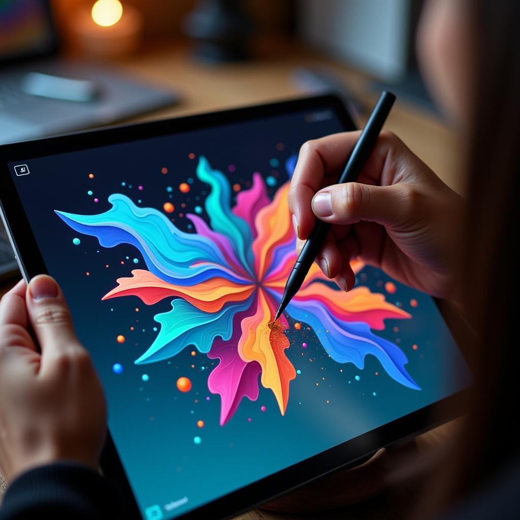 Digital artist creating vibrant artwork on a tablet