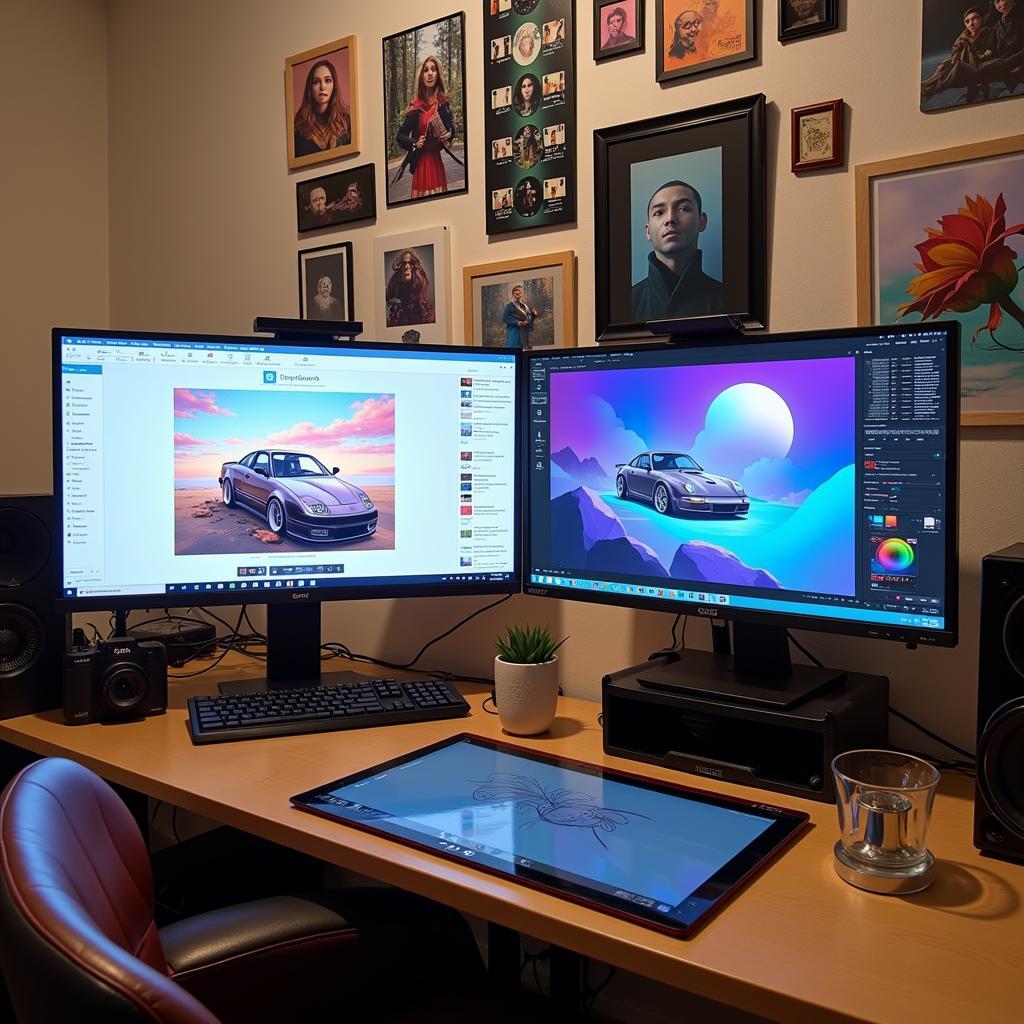 Digital Artist Workspace with Tools and Inspiration