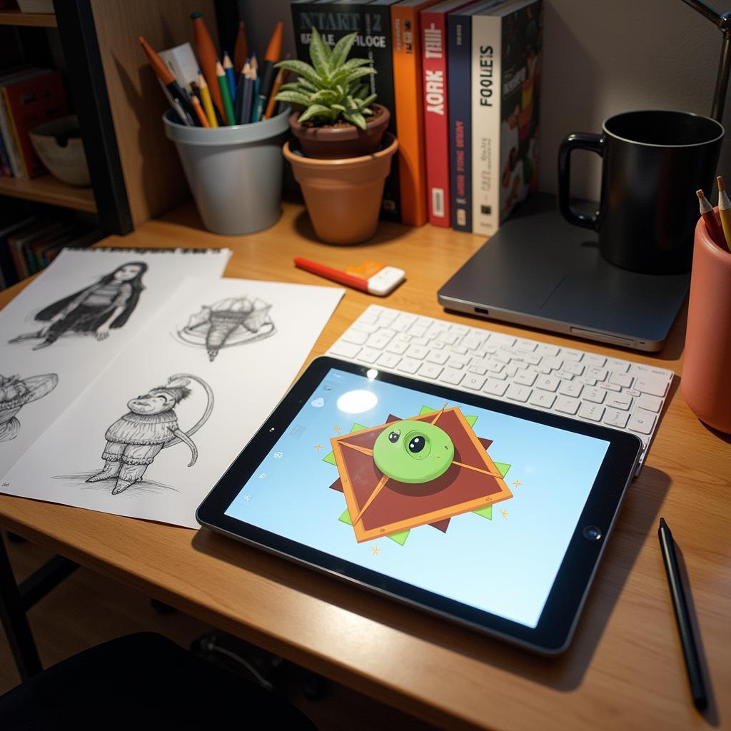 Digital artist's workspace with tablet and stylus