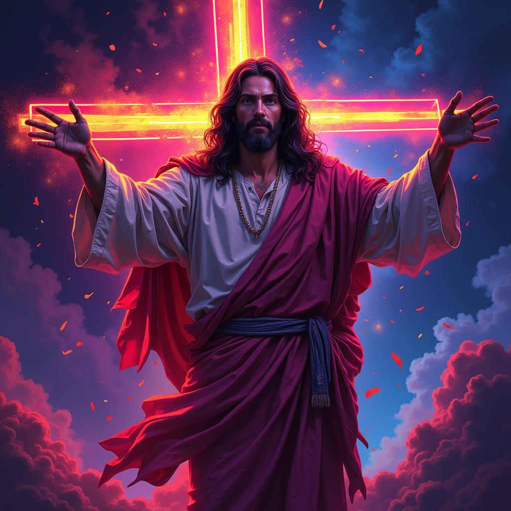 Digital Jesus Art with Neon Cross: A Modern Interpretation of Faith