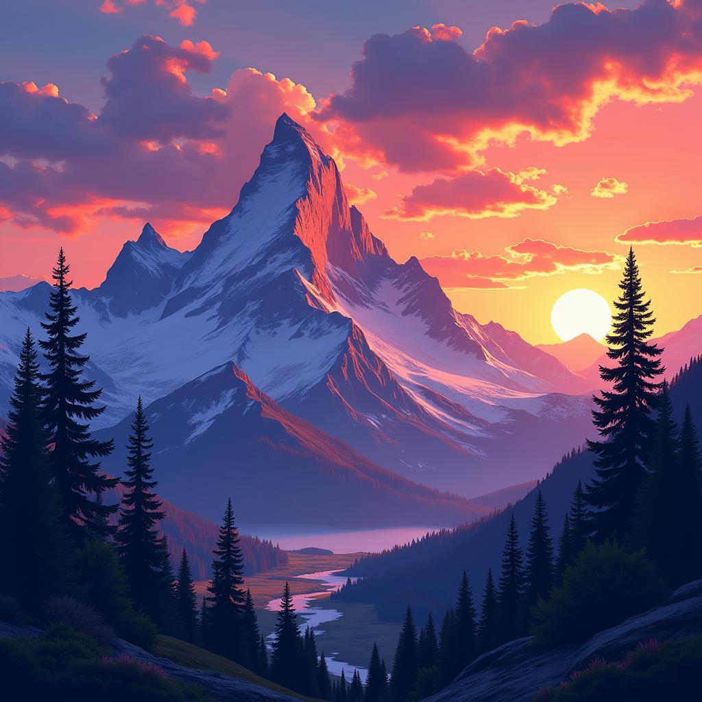 Digital illustration of a mountain scene at sunset