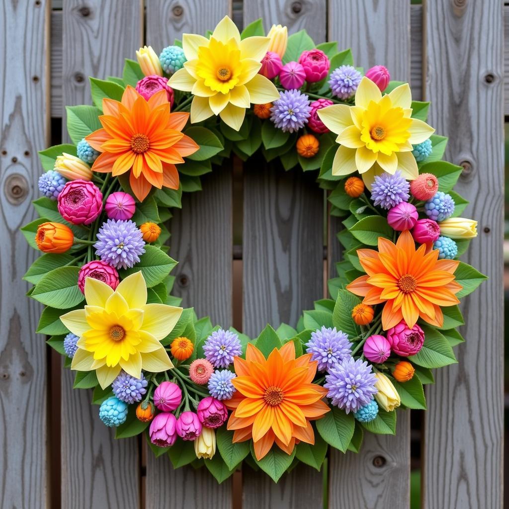 DIY spring wreath wall art with colorful flowers and ribbons