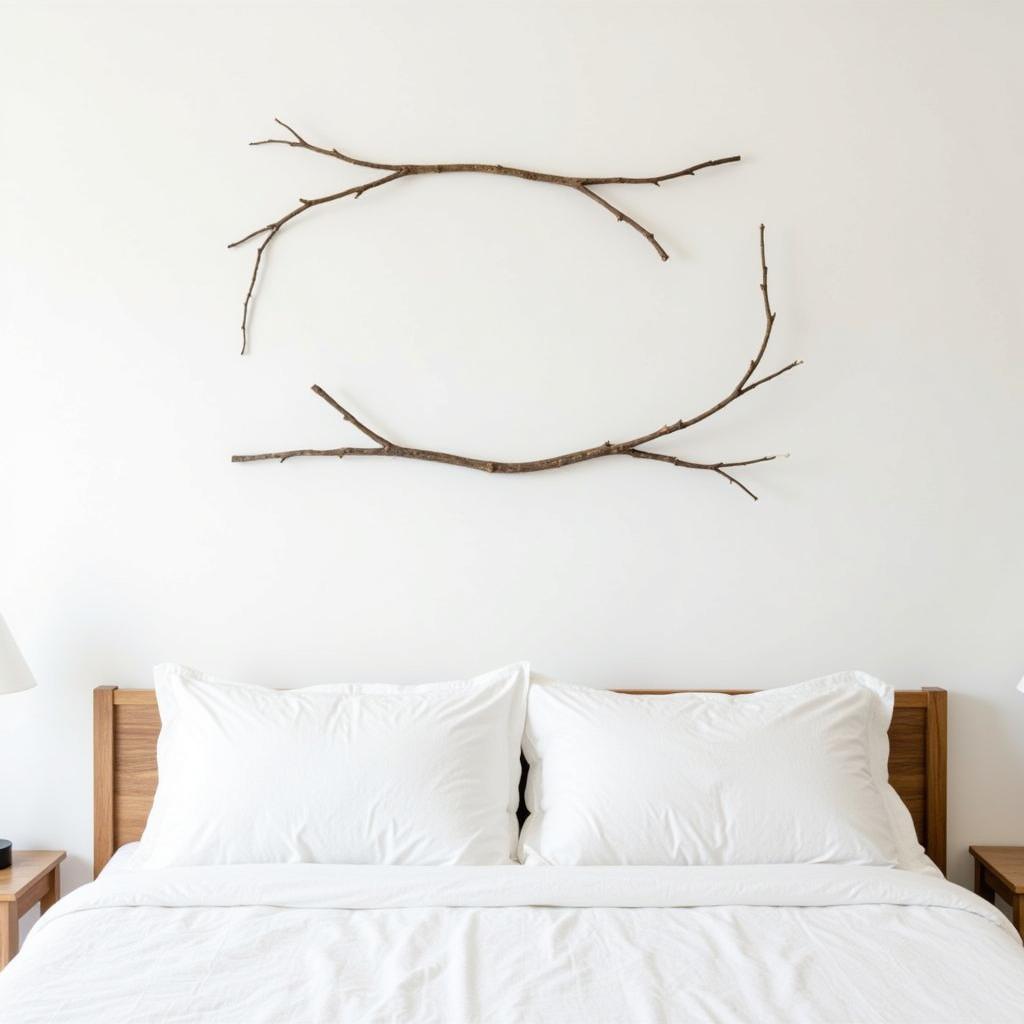 DIY twig wall art hanging above a bed in a minimalist bedroom