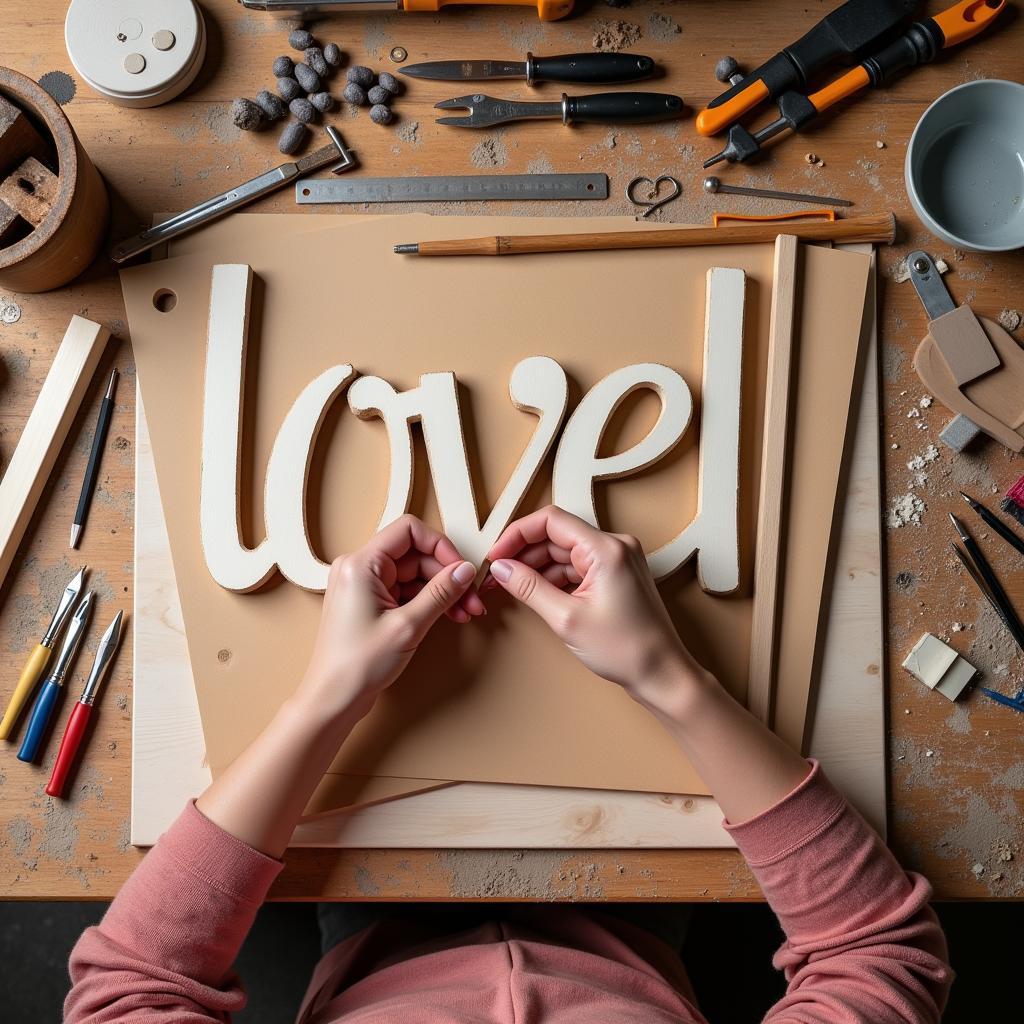 A person working on a DIY wood word art project