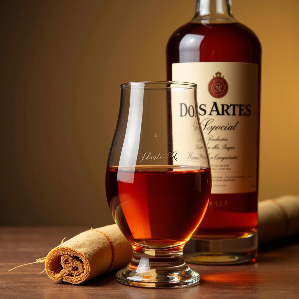 Dos Artes Reserva Especial rum in a crystal glass, with the bottle and sugarcane in the background