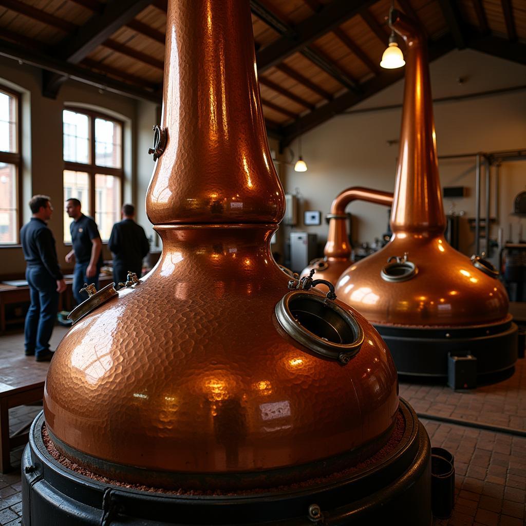 A copper still in an artisanal distillery, with workers attending to the rum production process