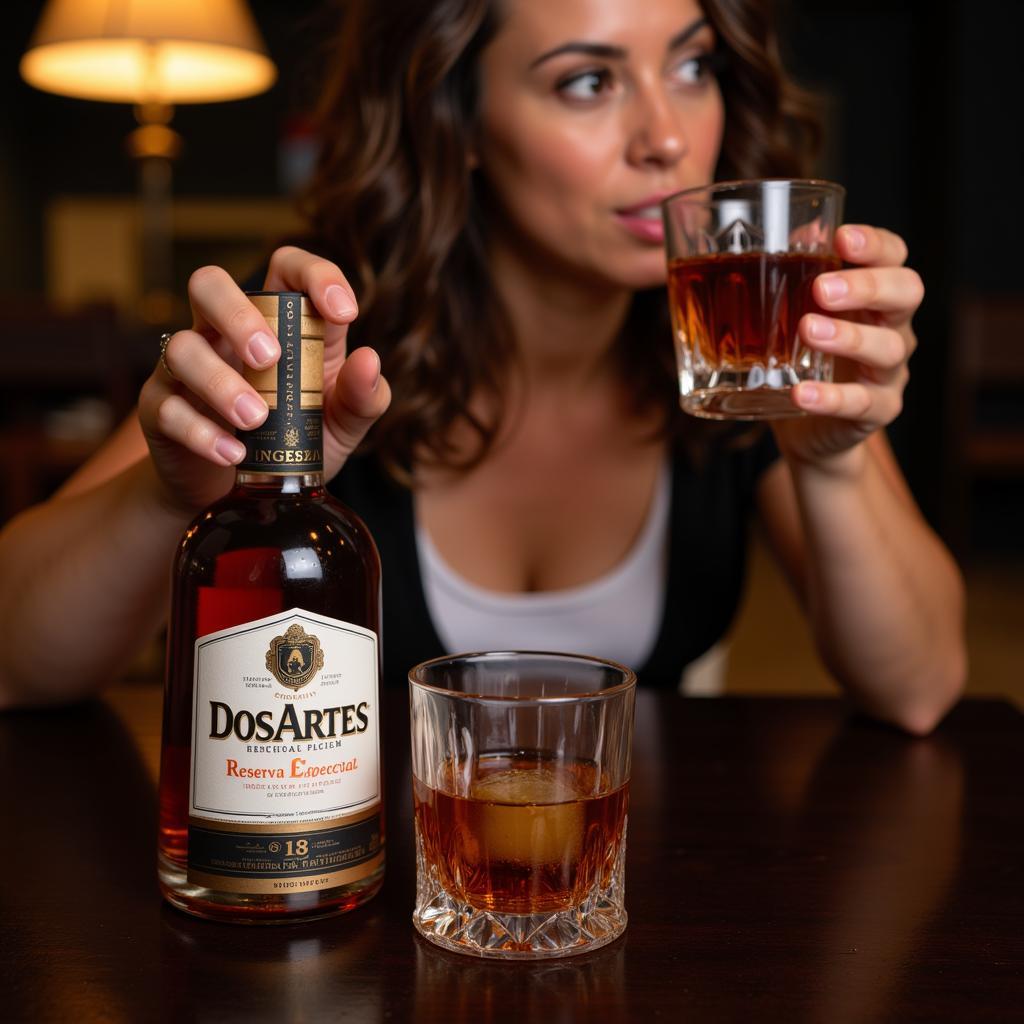 A person holding a glass of Dos Artes Reserva Especial, with a backdrop of a cozy, dimly lit setting