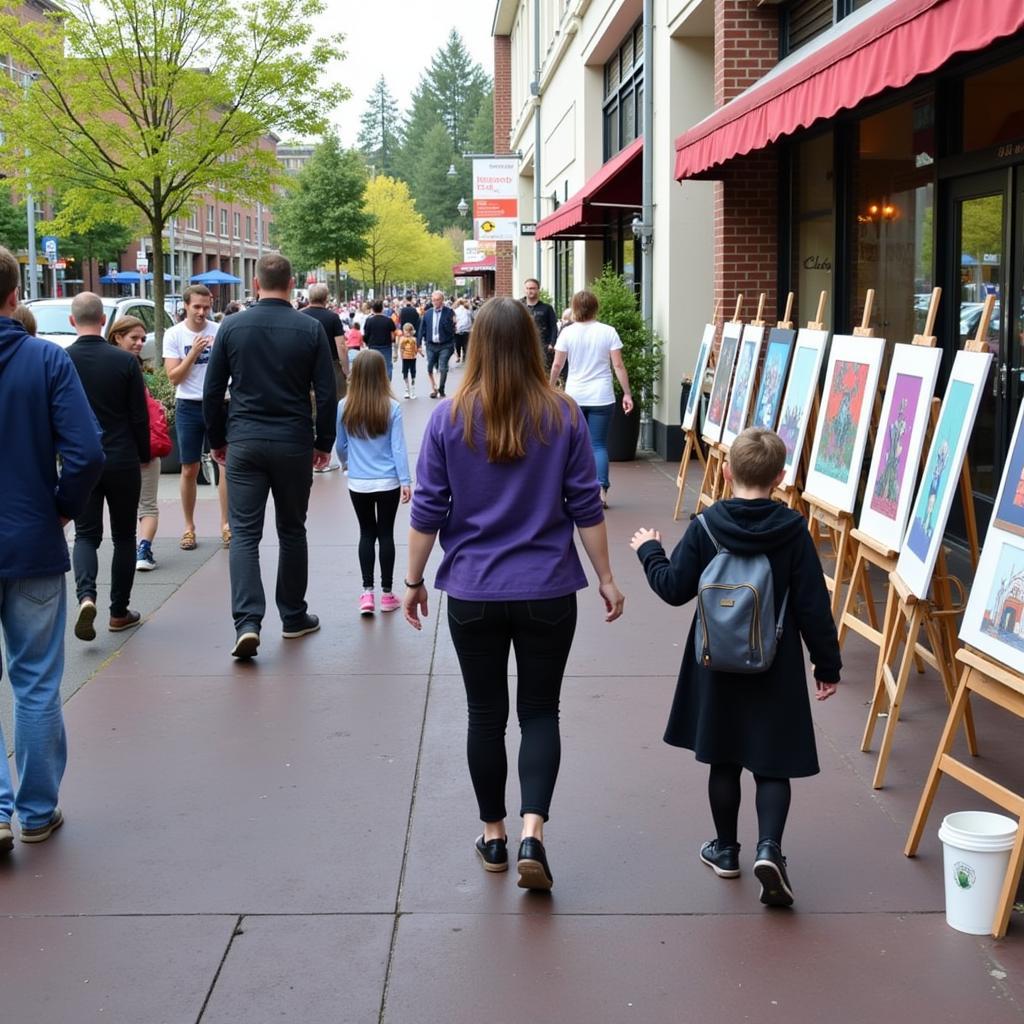 Crowd admiring art at the Downtown Redmond Art Walk