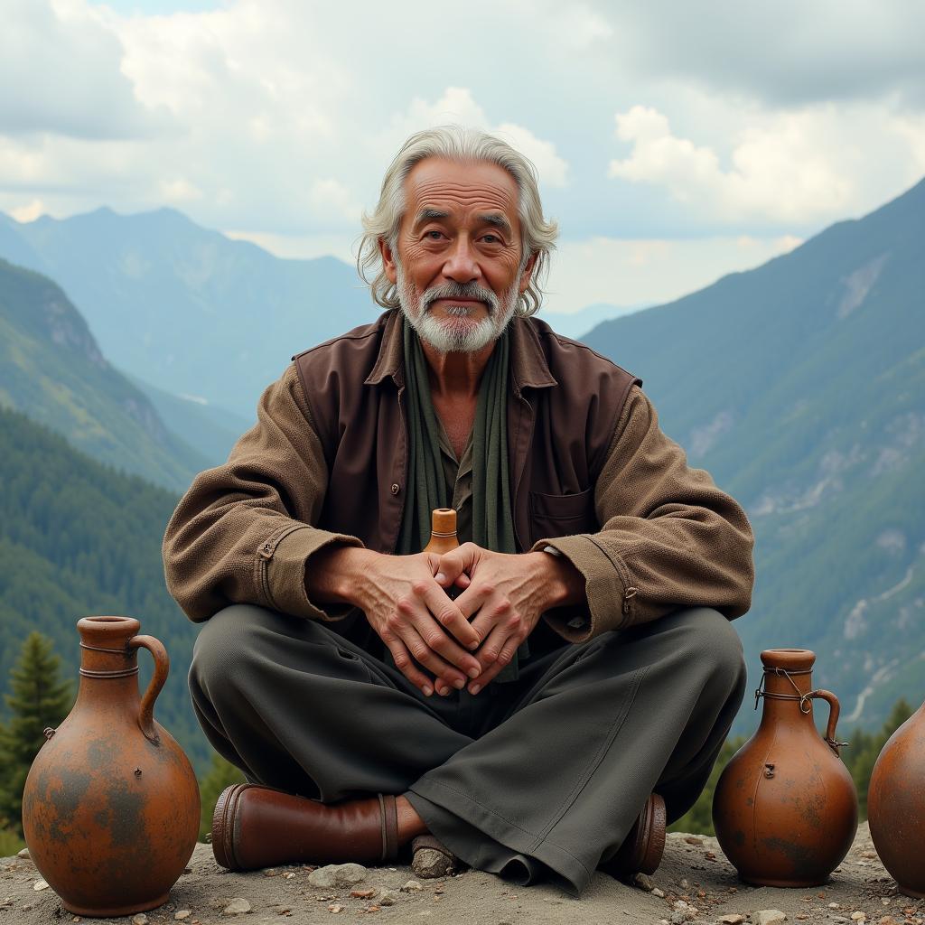 A grizzled martial arts master with a gourd of wine