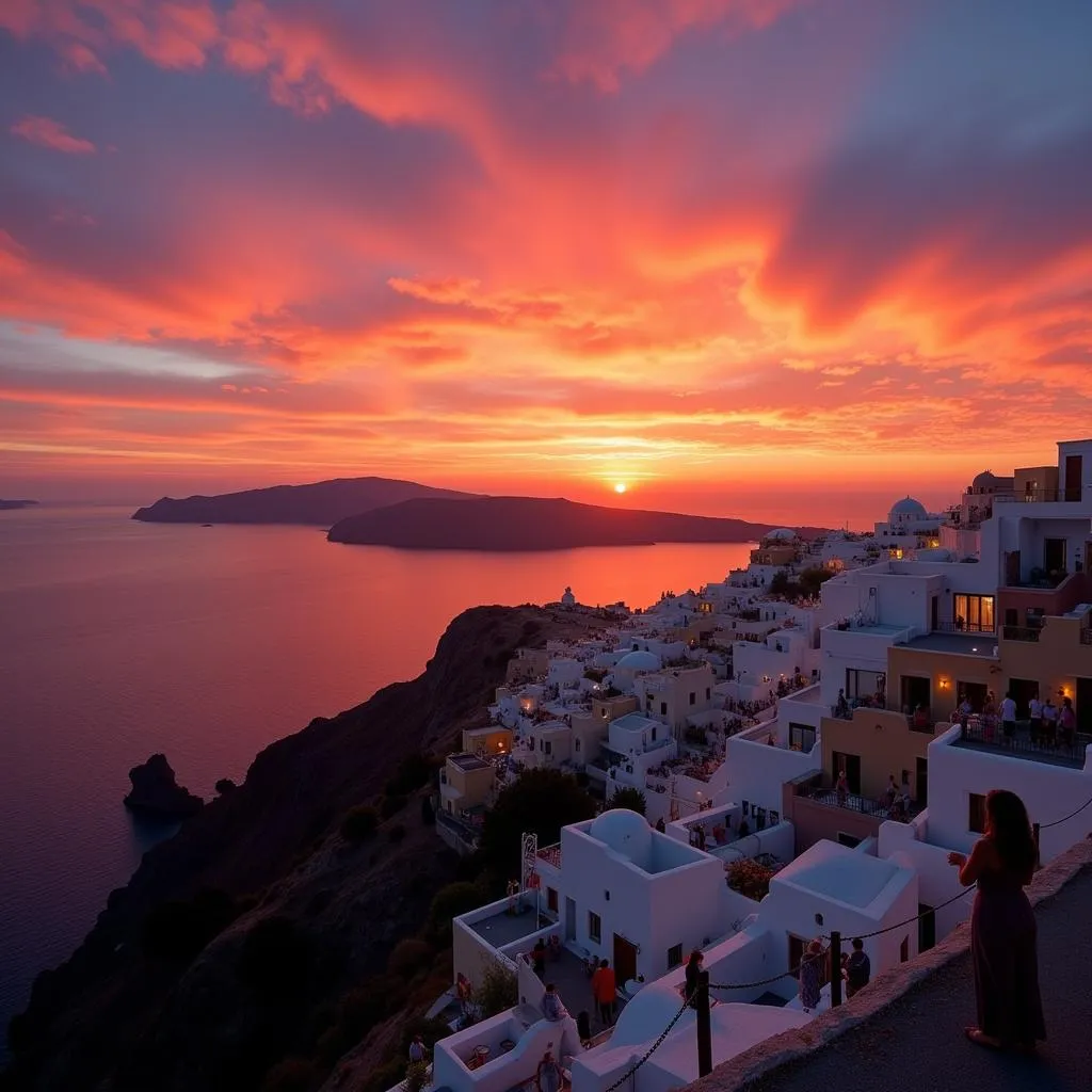 Tourists Watching Sunset Over Santorini Sea