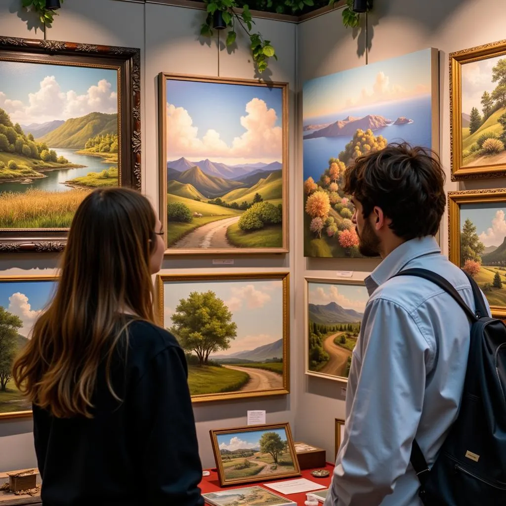 Visitors browsing landscape paintings at a booth