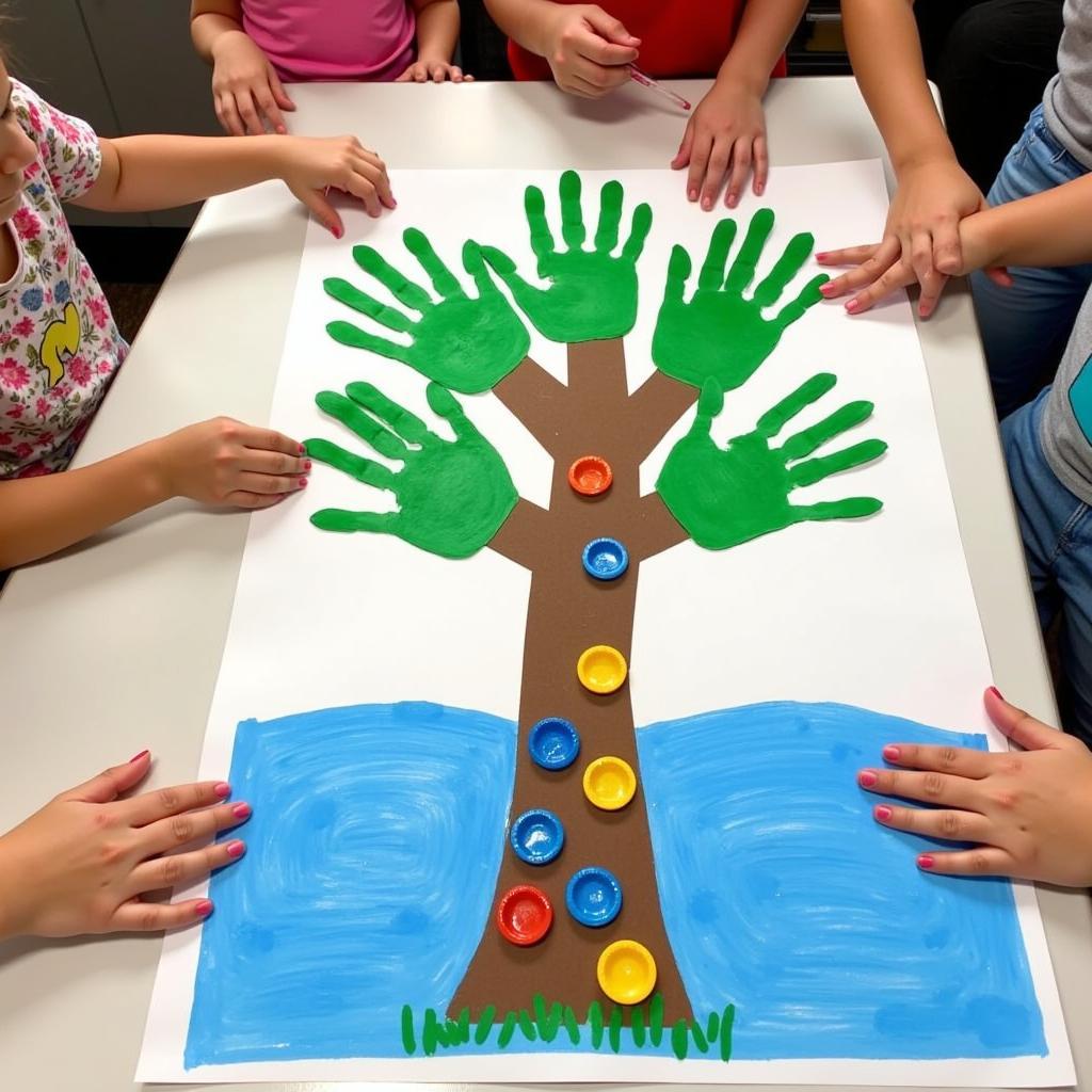 Kids creating an Earth Day handprint tree craft