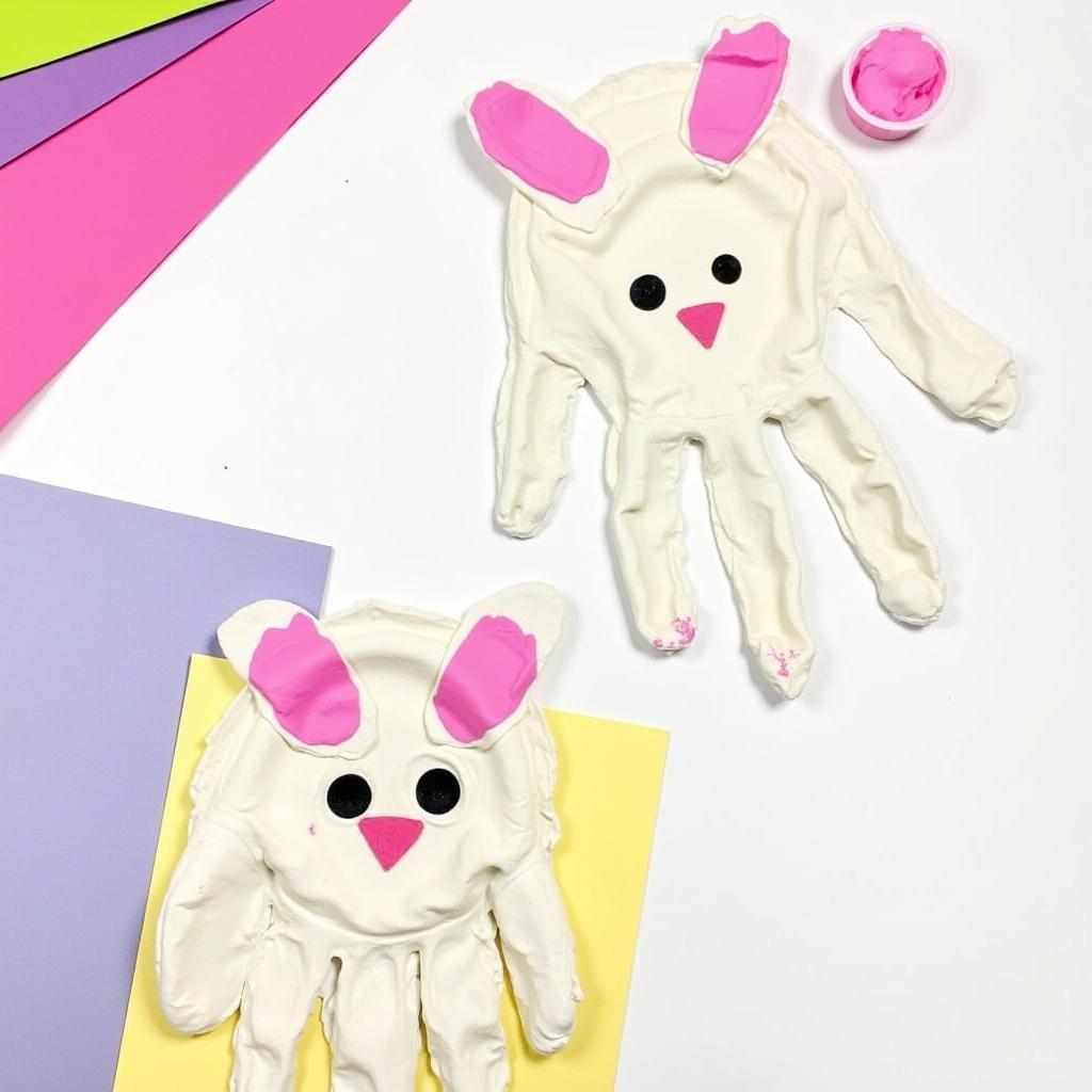 Easter bunny handprint art using paint on colorful construction paper.