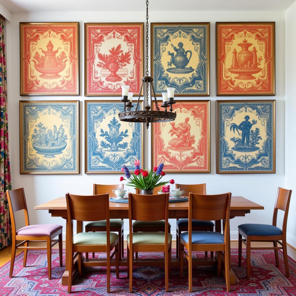 Eclectic Dining Room with Framed Toile Fabric Panels