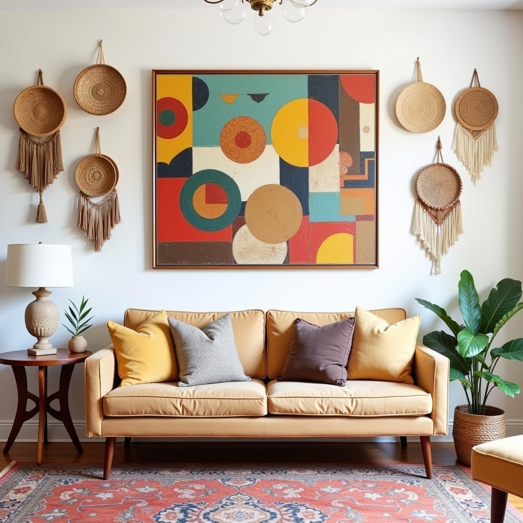 An eclectic Tucson home interior showcasing diverse wall art