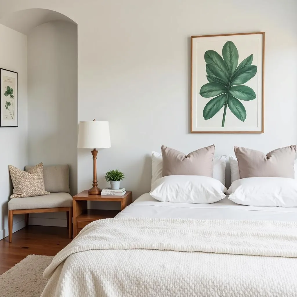 Emerald green wall art in a serene bedroom