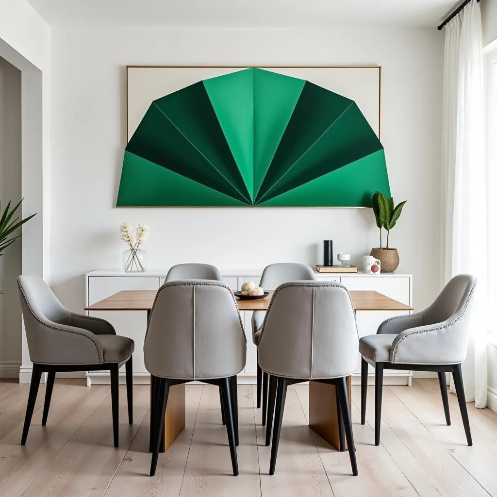 Emerald green wall art in a stylish dining room