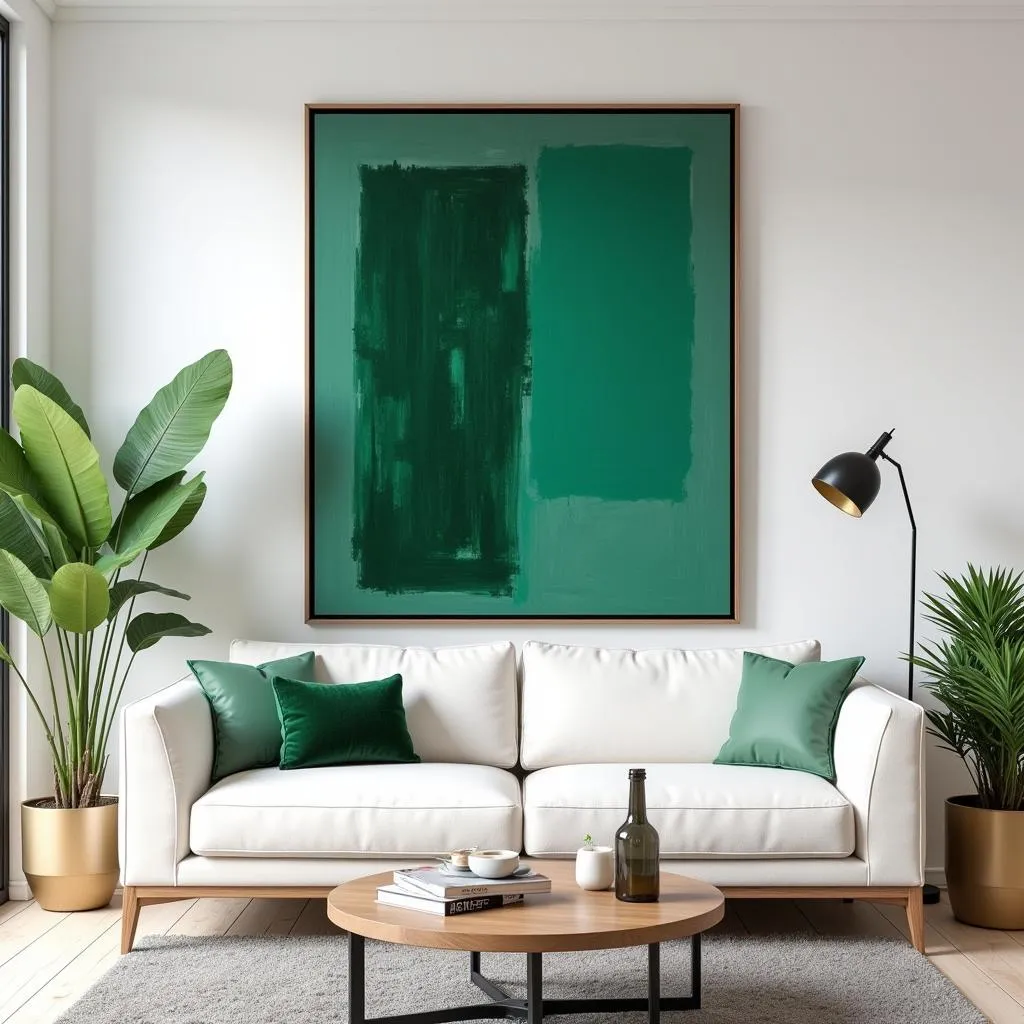 Emerald green wall art in a modern living room