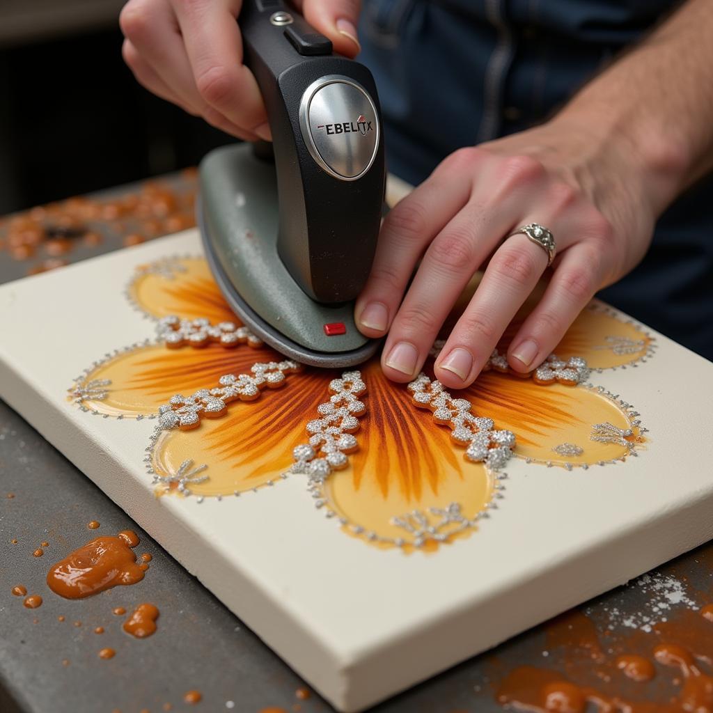 An artist using an encaustic art iron to create a painting