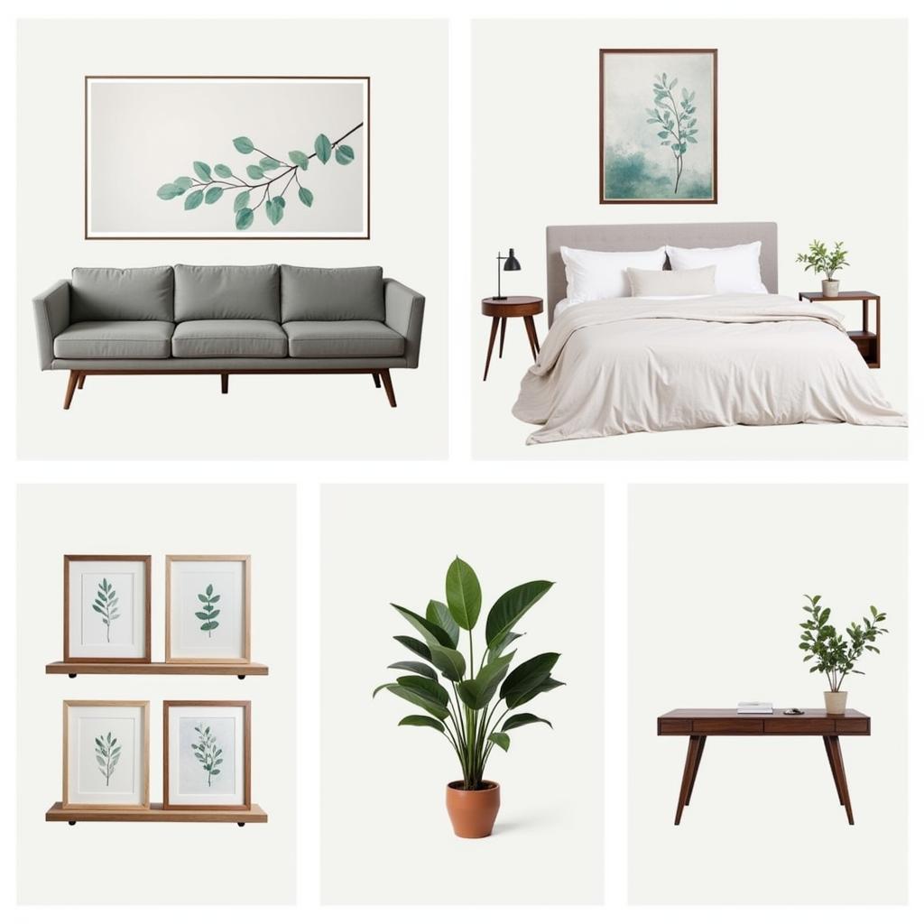 Eucalyptus art displayed in different rooms of a house, including the living room, bedroom, bathroom, and home office.