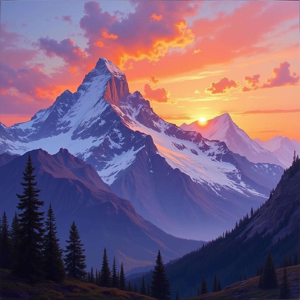 Oil painting of a majestic mountain range at sunset