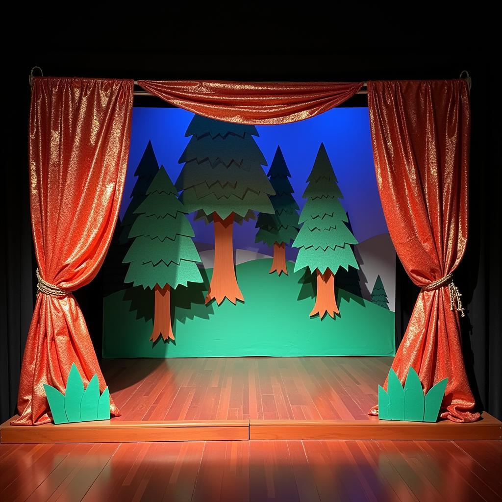 A whimsical stage set up for a fairy tale puppet show