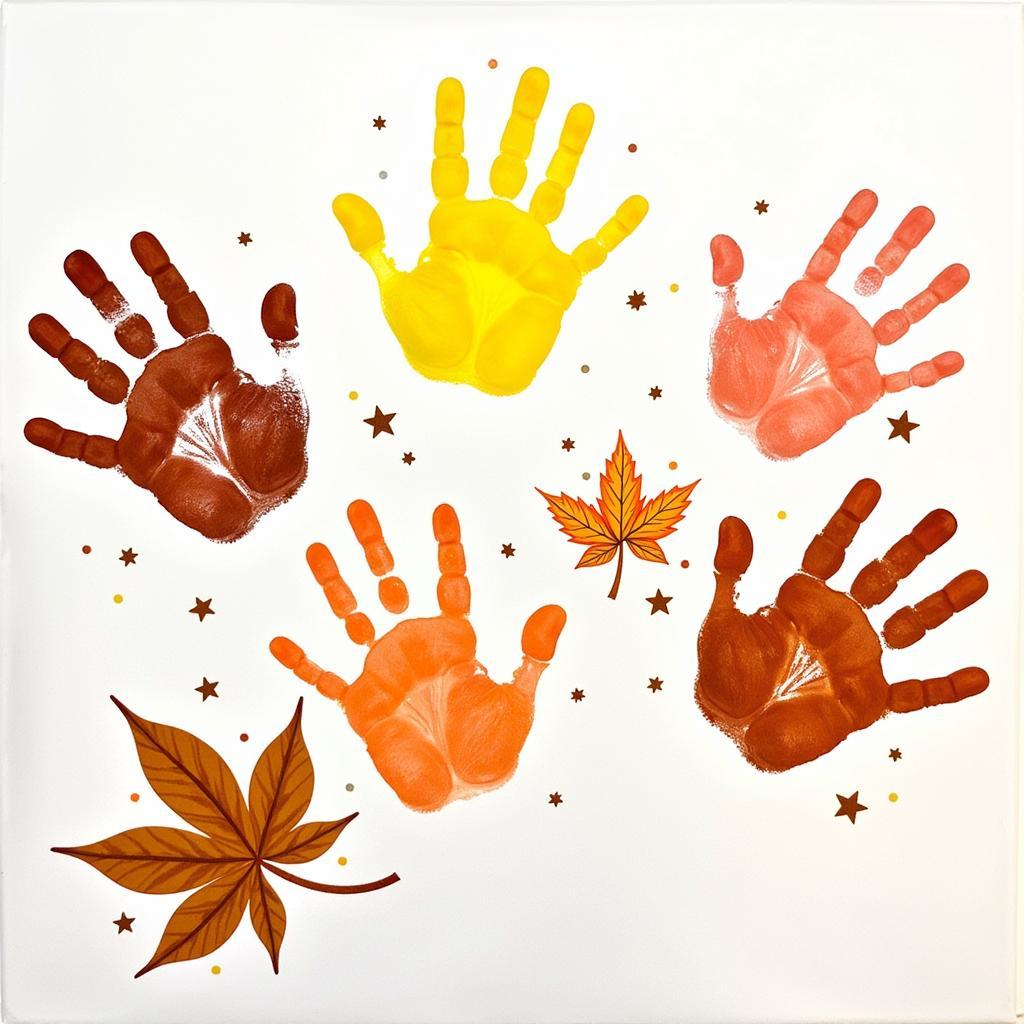 Children's handprints decorated as colorful autumn leaves