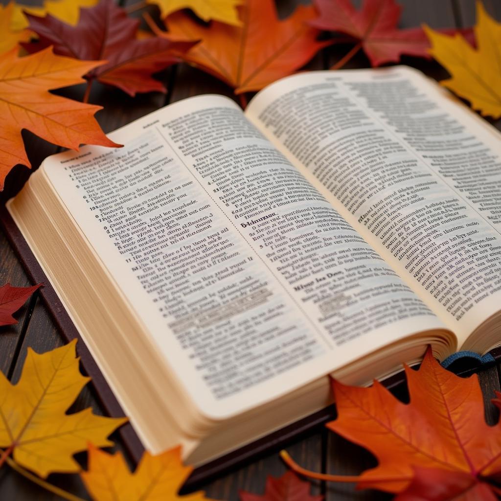 Autumn leaves surrounding an open Bible with a fall-themed verse.