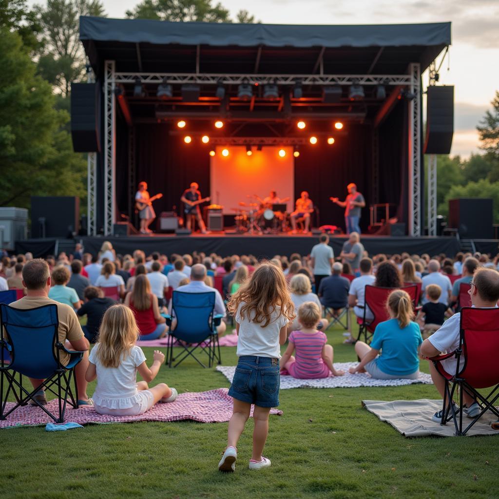 Families relax on the grass while enjoying live music at the festival